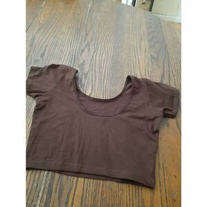 New Jr XL Brown Crop Top Short Sleeve Deep U Neck  Stretchy Shirt Top